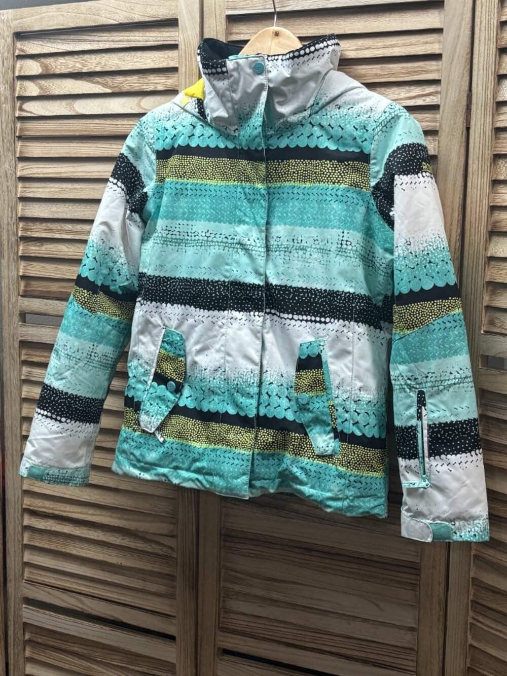 Roxy Jetty Girl Ski Snowboard Jacket Teal Striped Waterproof Size 12 L